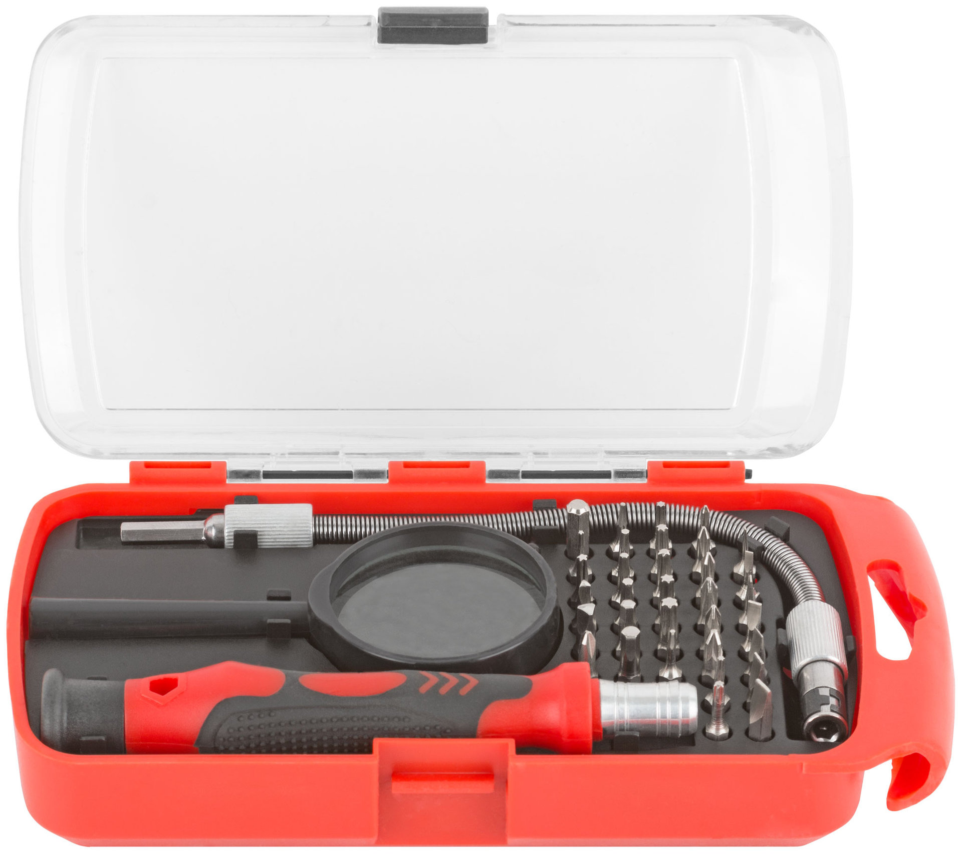 Отвертка с битами для точных работ, 33 CrV биты, гибкий переходник 175 мм, лупа, пластиковый бокс (56184)