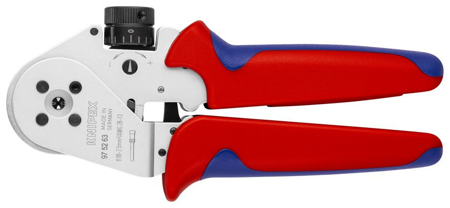 Пресс-клещи для тетрагональной опрессовки точеных контактов, с локатором, в кейсе, 0.08-2.5 мм?, max O 5 мм, длина 180 мм, хром (KN-975263)