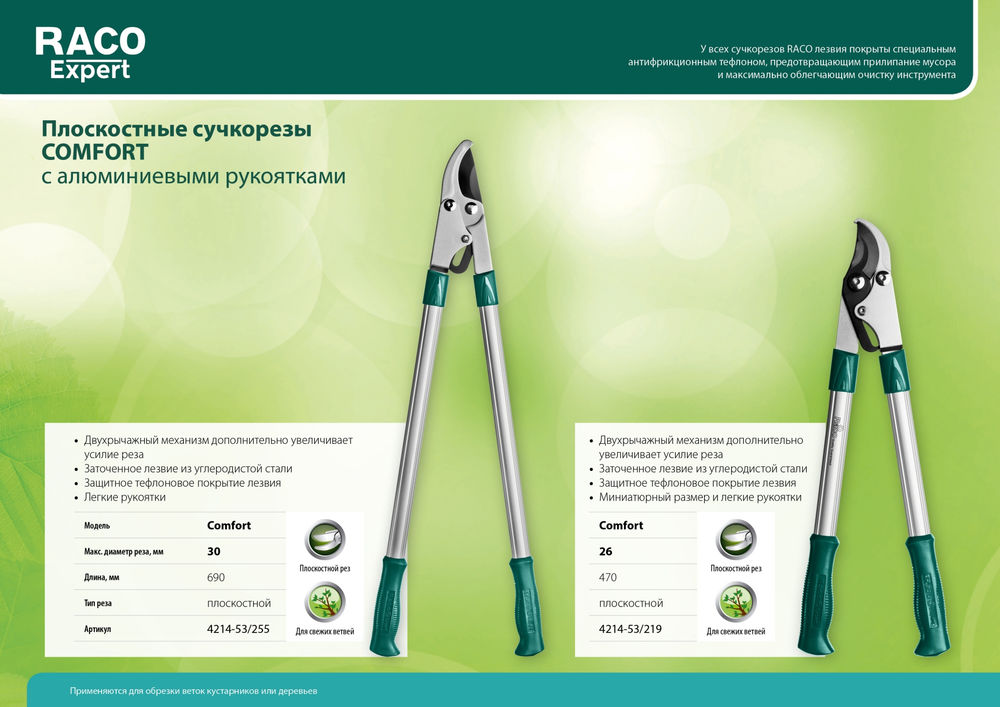 Большой плоскостной сучкорез Comfort, высокоуглеродистая сталь, закаленные лезвия, двурычажный, с алюминиевыми рукоятками RACO 4214-53/255
