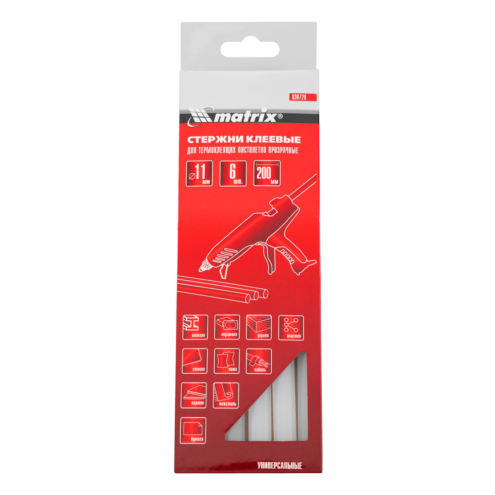 Стержни клеевые, прозрачные, 11 х 200 мм, в упаковке 6 шт Matrix (930720)