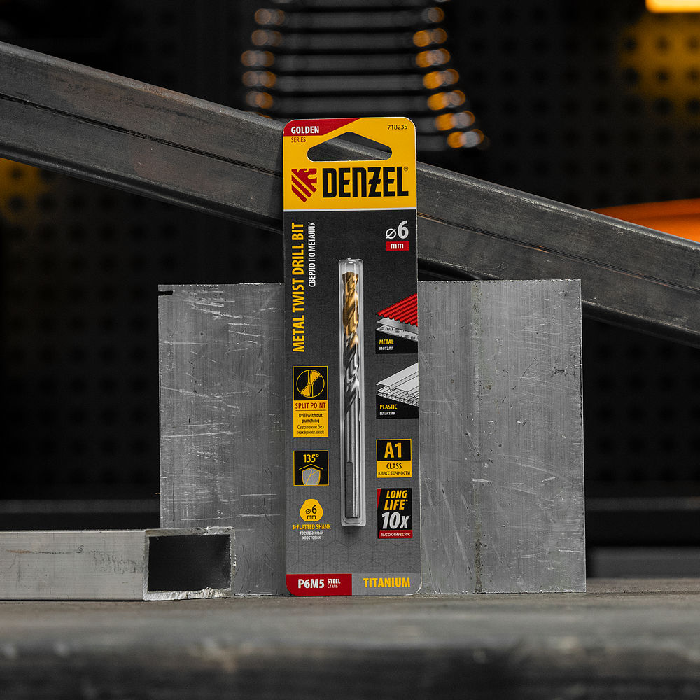 Сверло спиральное по металлу 6 x 93 мм, Р6М5, Golden Tip Denzel (718235)