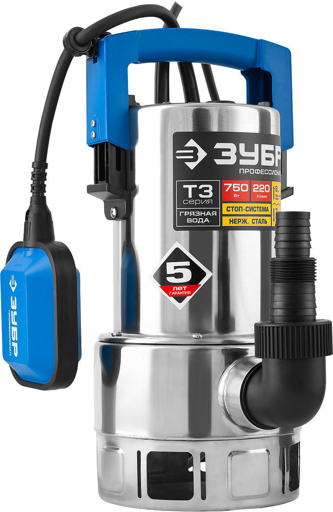 Насос дренажный для грязной воды 750 Вт, корпус нерж. сталь ЗУБР Профессионал НПГ-Т3-750-С