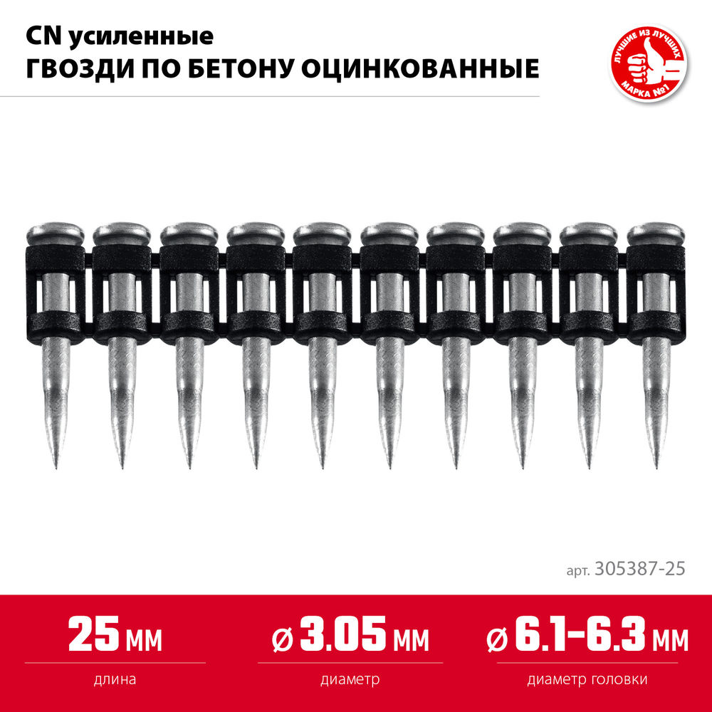 Гвозди по бетону CN усиленные 25 x 3.05 мм, оцинкованные, 1000 шт ЗУБР 305387-25
