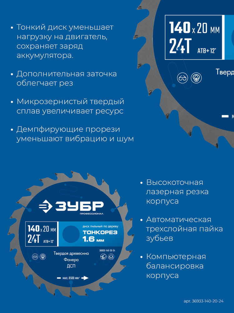Диск пильный по дереву тонкий рез 140 x 20 x 1.6 мм, 24Т ЗУБР Тонкорез Профессионал 36933-140-20-24