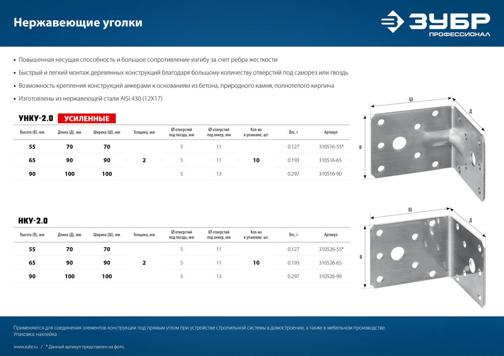 Крепежный уголок усиленный нержавеющий УНКУ-2.0 65 x 90 x 90 x 2 мм ЗУБР Профессионал 310516-65