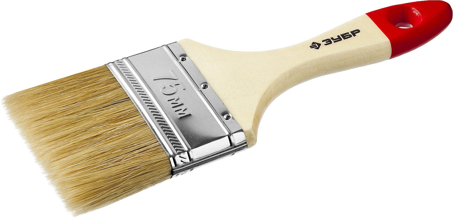 Кисть плоская 75 мм, 3, светлая натуральная щетина, деревянная ручка, все виды ЛКМ ЗУБР УНИВЕРСАЛ 4-01003-075