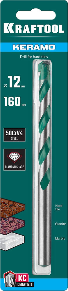Сверло по керамограниту Keramo, 12 х 160 мм, тв.сплав КС KRAFTOOL 29175-160-12