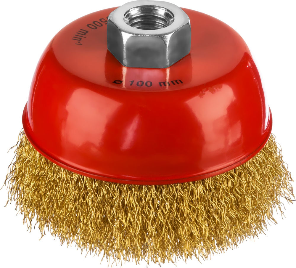 Чашечная щетка-крацовка для УШМ 100 мм, витая стальная латунированная проволока 0.3 мм MIRAX 35142-100
