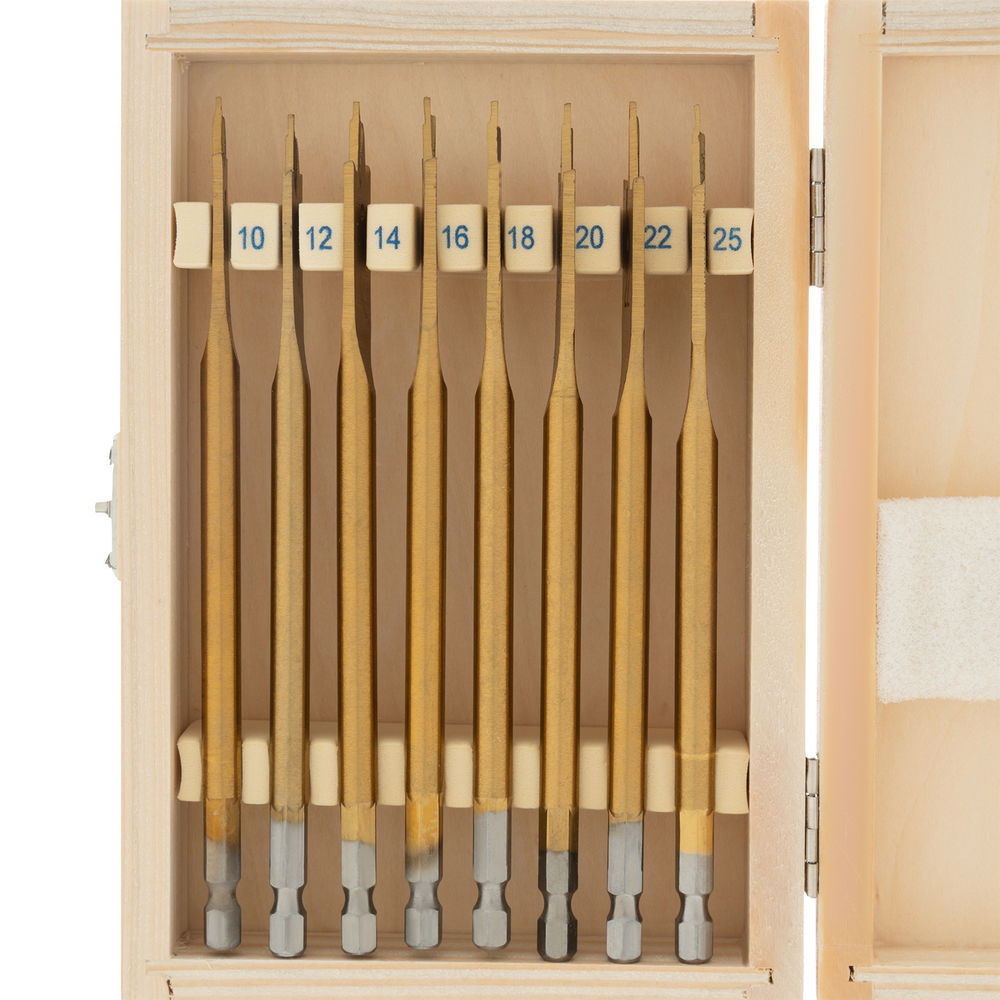 Набор сверл перовых по дереву, 10-12-14-16-18-20-22-25 мм, 8 шт, деревянный кейс Matrix (70441)