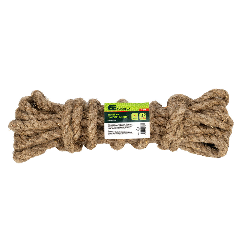 Веревка льнопеньковая, D 10 мм, L 6 м, крученая Сибртех (94011)