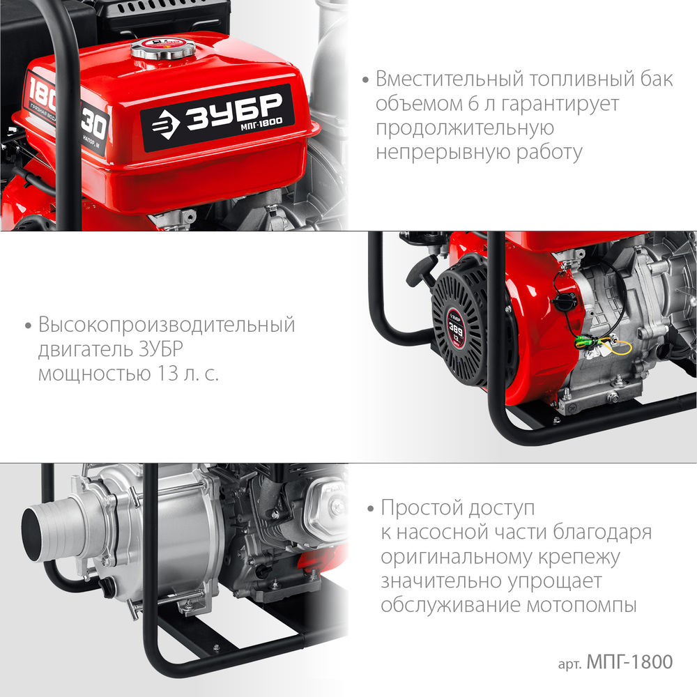 Мотопомпа бензиновая для грязной воды 1800 л/мин ЗУБР МПГ-1800