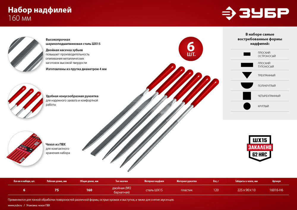 Набор надфилей 6 шт 160 мм в чехле с ручками ЗУБР 16016-H6
