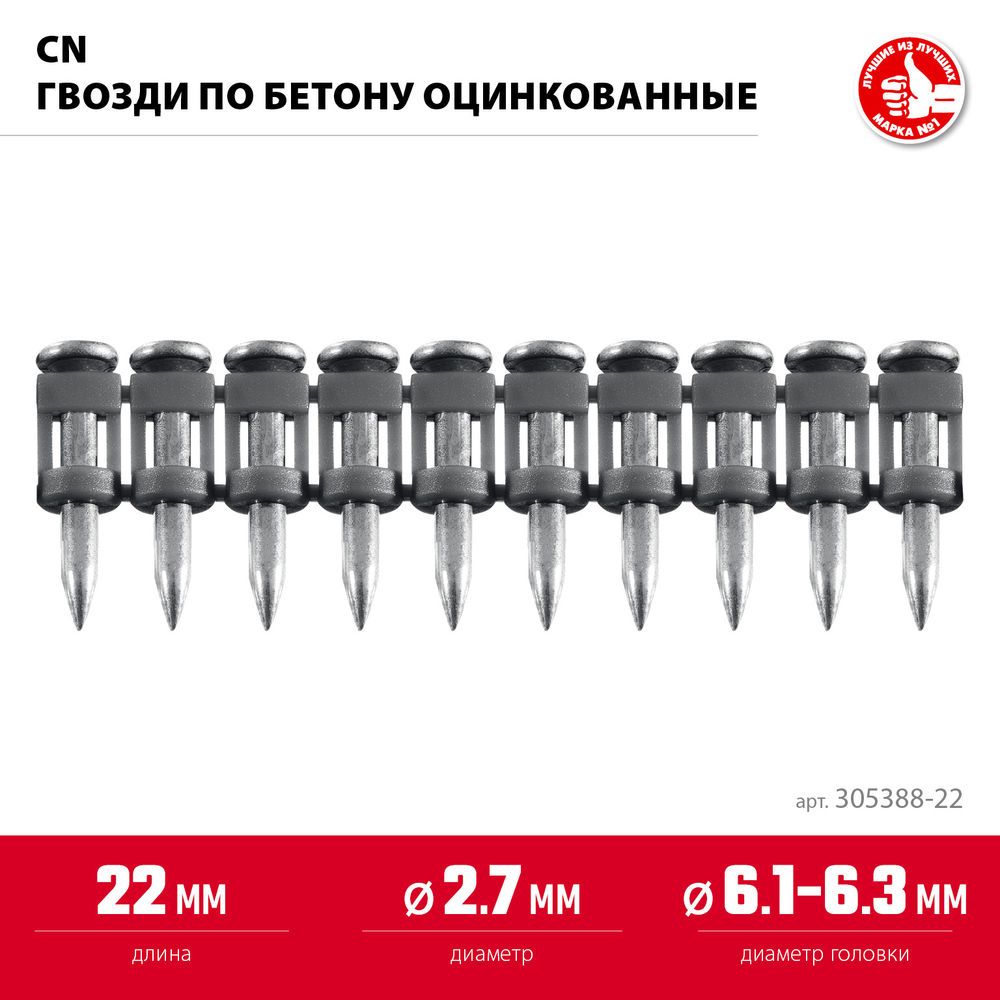 Гвозди по бетону CN 22 x 2.7 мм, оцинкованные, 1000 шт ЗУБР 305388-22
