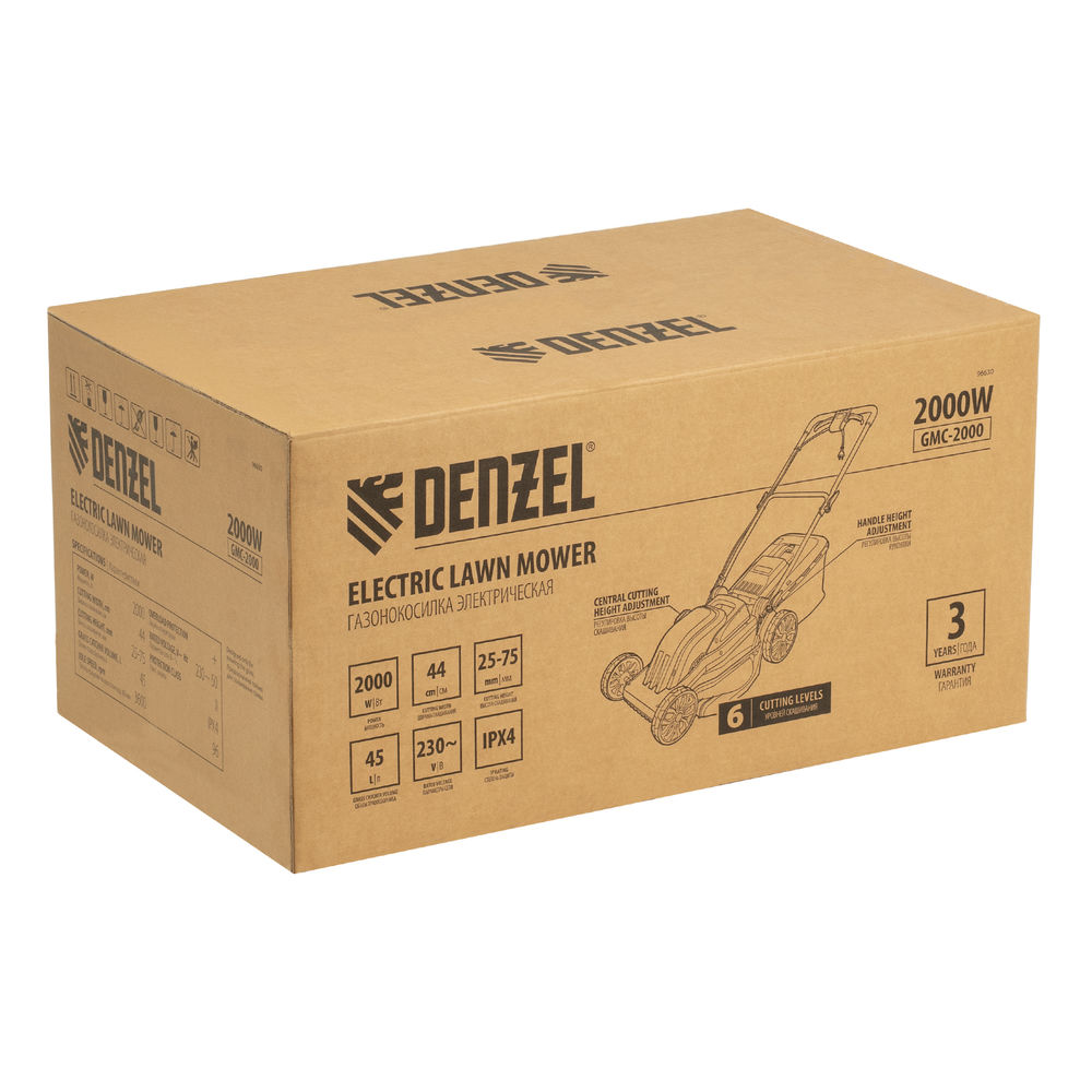 Газонокосилка электрическая GMC-2000, шир. 44см, 2000 Вт, 6 уров., травосб. 45 л Denzel (96630)