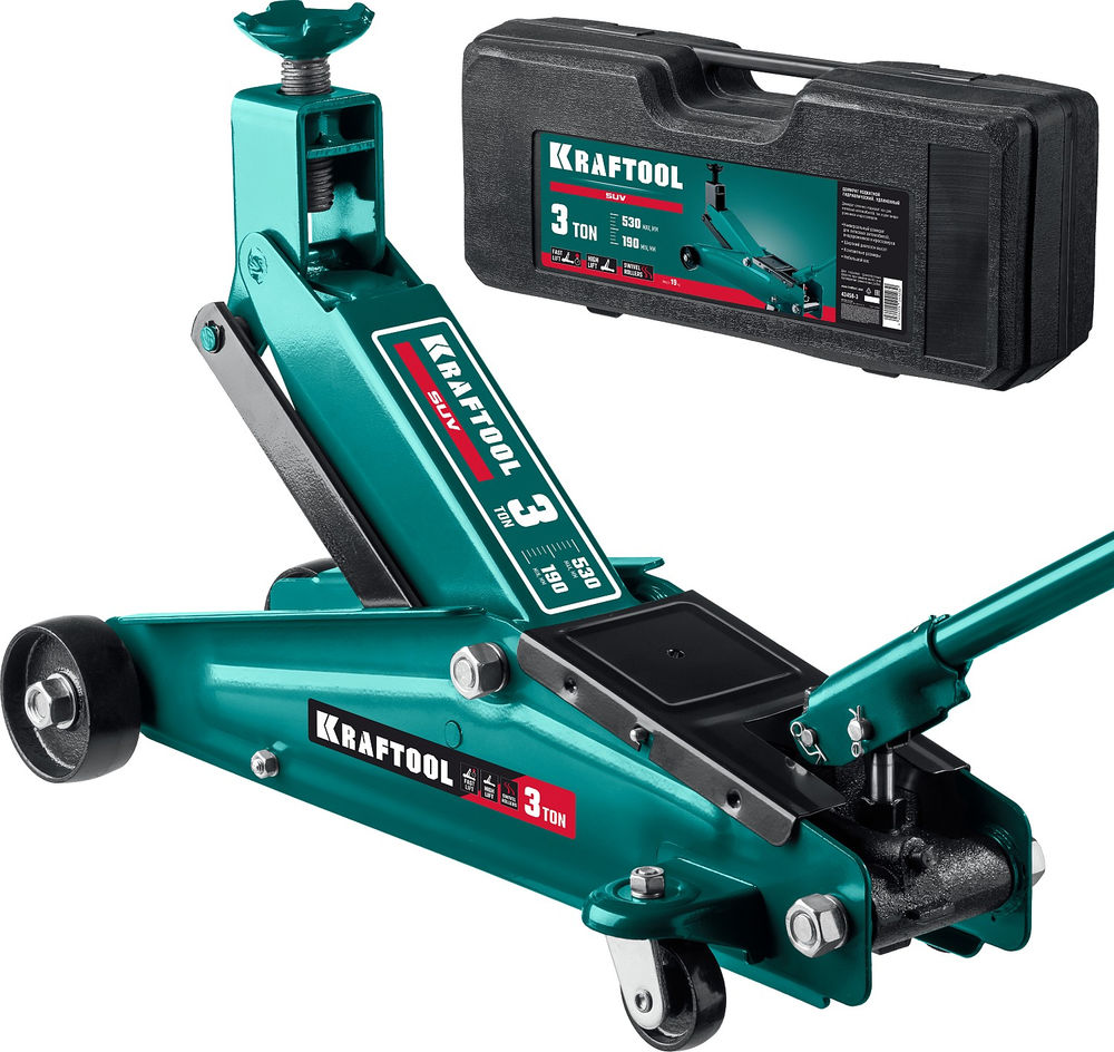 Домкрат подкатной 3 т, 190 - 530 мм с высоким подъемом в кейсе SUV KRAFTOOL 43458-3-K