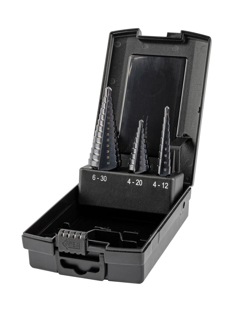 Набор свёрл ступенчатых, 3 пр., HSS TiAlN, Gr.1/2/3, O4-12, 4-20, 6-30 мм, прямая канавка, трёхплоскостной хвостовик (ZA-50071)