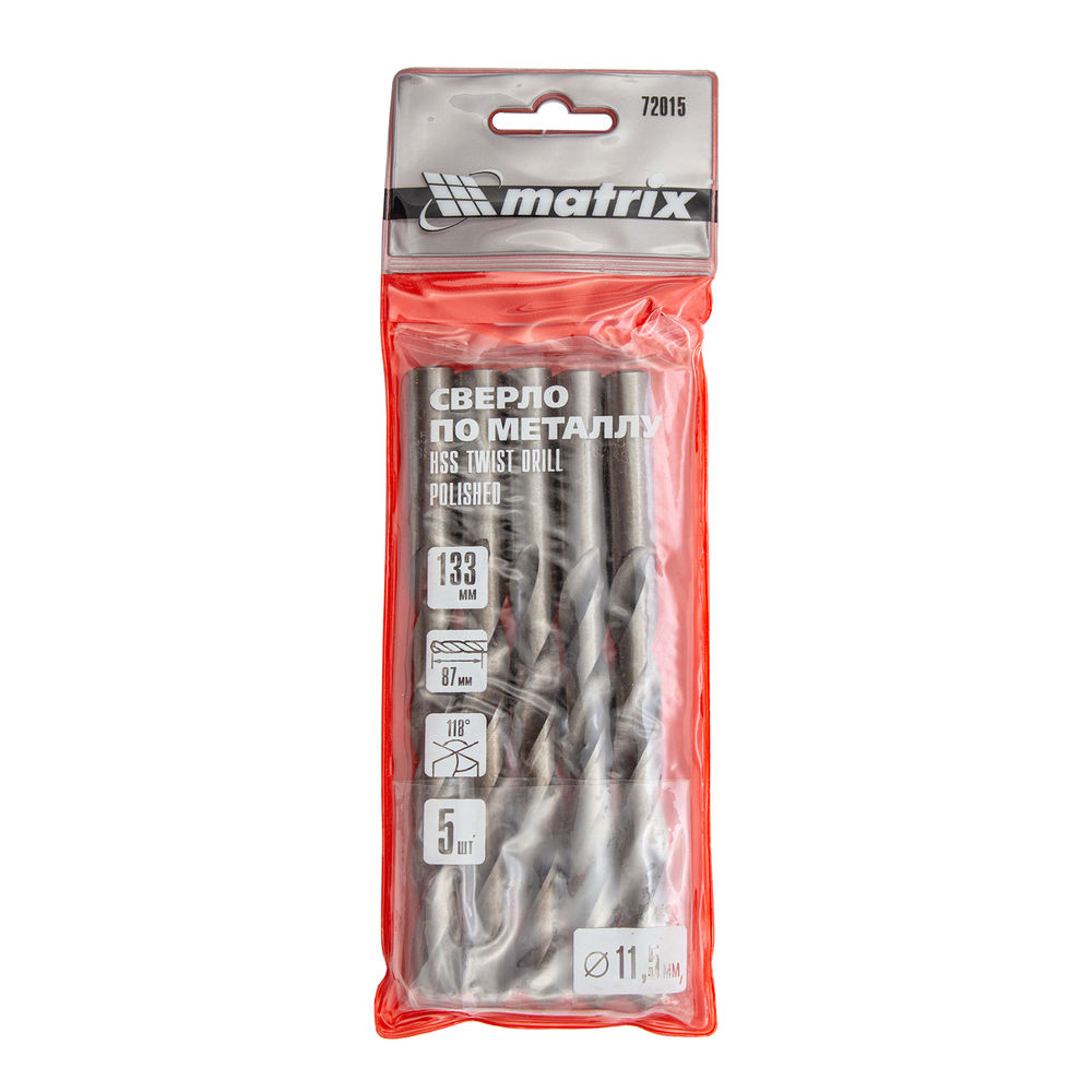 Сверло по металлу, 11.5 мм, полированное, HSS, 5 шт, цилиндрический хвостовик Matrix