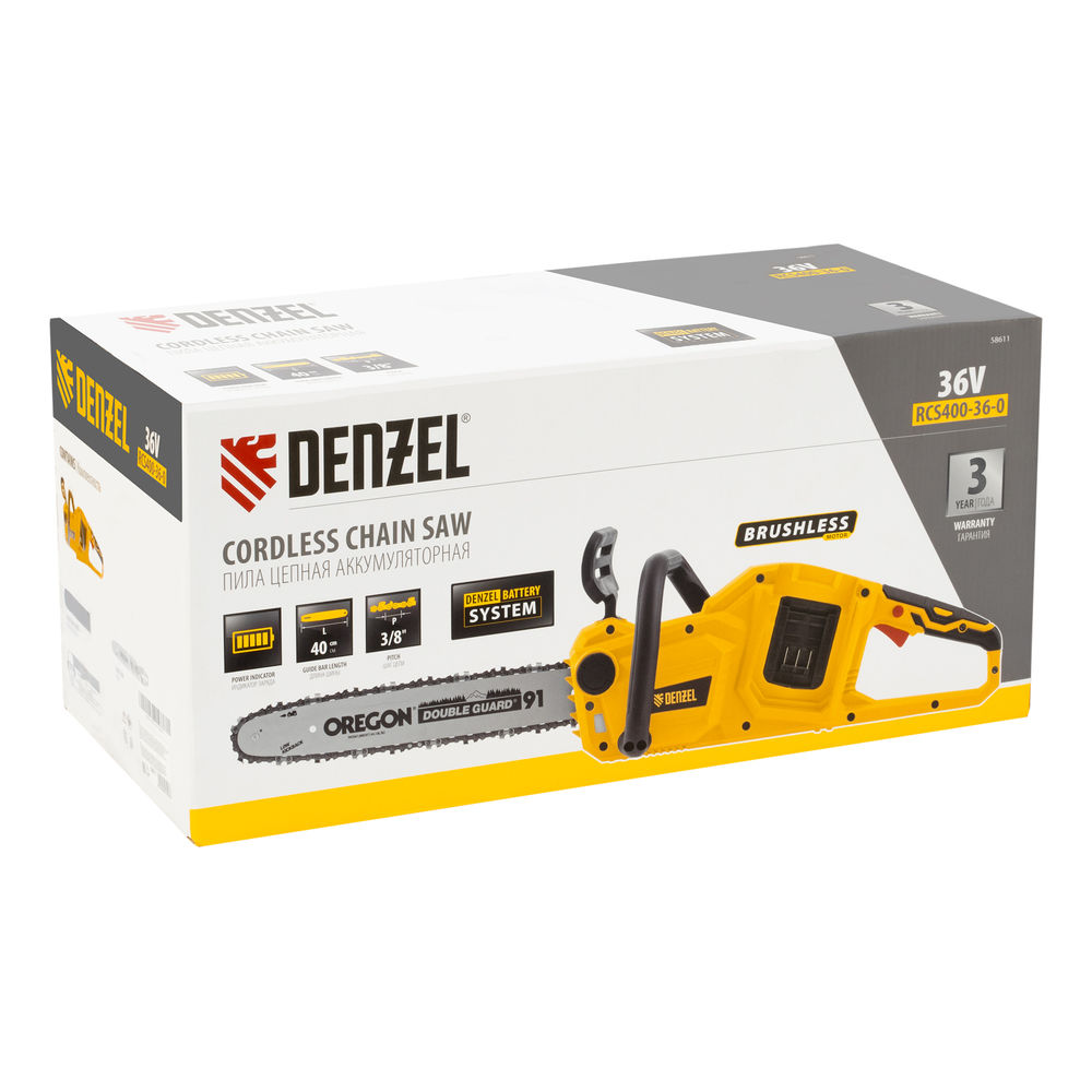 Цепная пила аккумуляторная бесщет. RCS400-36-0, Li-ion, 36 В, шина 400 мм Denzel (58611)