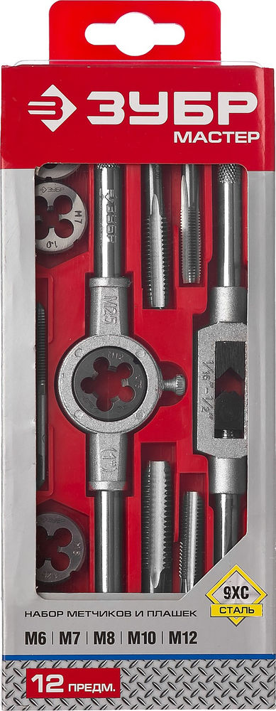 Набор метчиков и плашек 12 предм. сталь 9ХС в пластиковом боксе ЗУБР 28121-H12