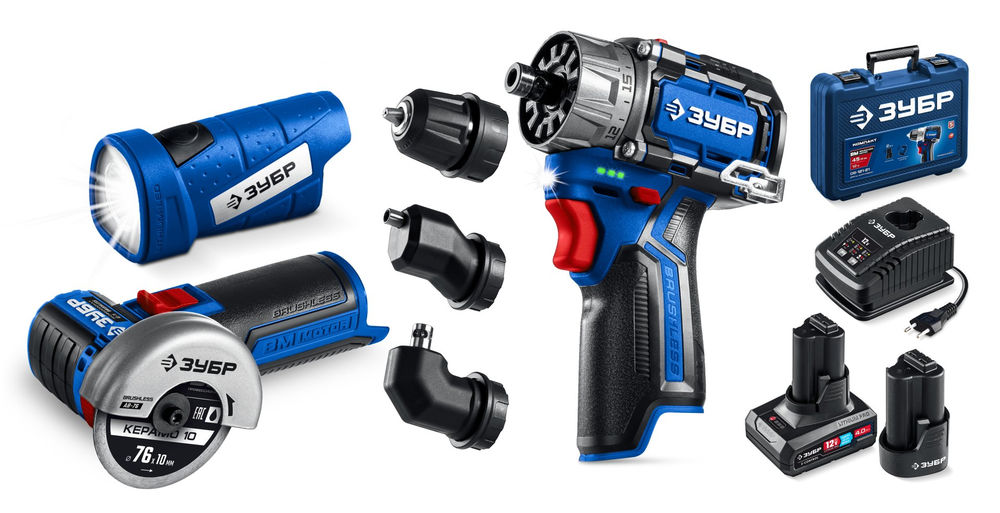Набор: дрель-шуруповерт + мини УШМ + LED фонарь 12 В 45 Н·м 2 АКБ тип Т7 4 и 2 А·ч BRUSHLESS кейс Профессионал ЗУБР КОМБИ #5 DB-125-42ABF