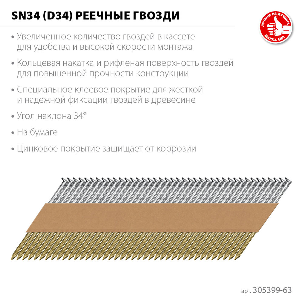 Гвозди реечные рифленые оцинкованные SN34 (D34) 63 x 2.8 мм, 4000 шт ЗУБР 305399-63