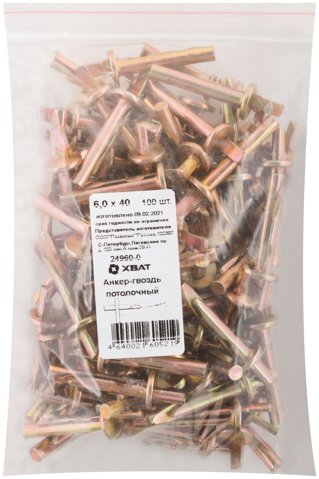 Анкер-гвоздь потолочный 6,0 х 40 100 шт Фасовка (24960-0)