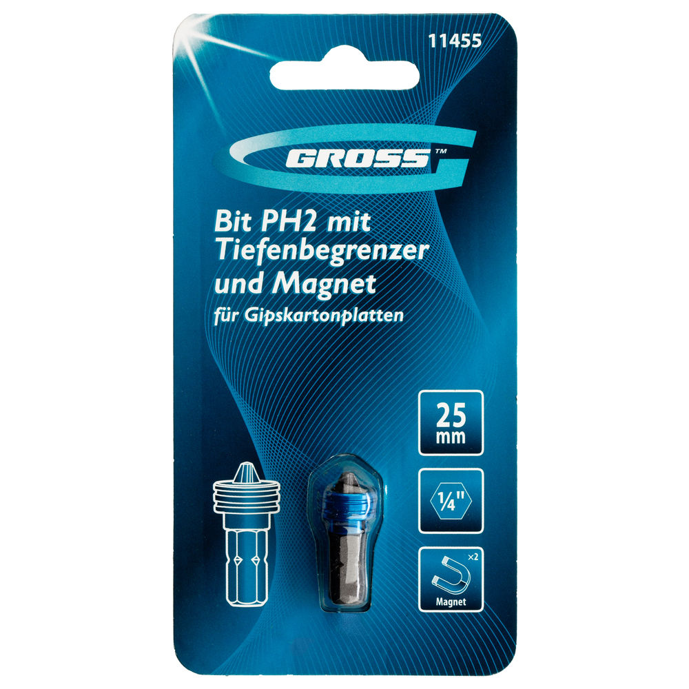Бита PH2 x 25 мм с ограничителем и магнитом, для ГКЛ, S2 Gross (11455)