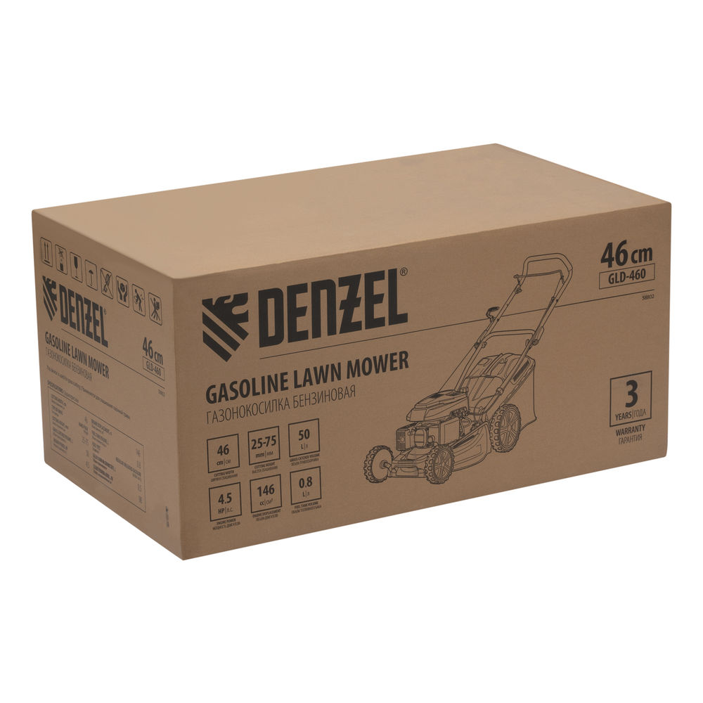 Газонокосилка бензиновая GLD-460, 146 куб.см, ширина 46 см, ручная, 7 уровней, травосборник 50 л Denzel (58802)