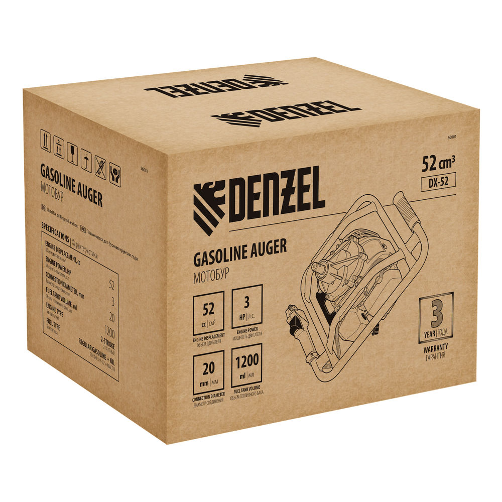 Мотобур DX-52, объем двигателя 52 см3, соединение 20 мм, без шнека Denzel (56001)