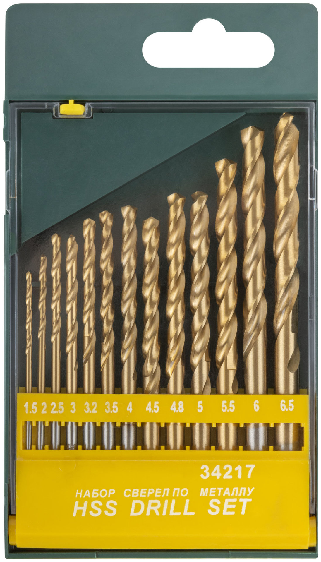Набор сверл HSS по металлу, титановое покрытие, 13 шт. (1,5-2-2,5-3-3,2-3,5-4-4,5-4,8-5-5,5-6-6,5 мм) (34217)