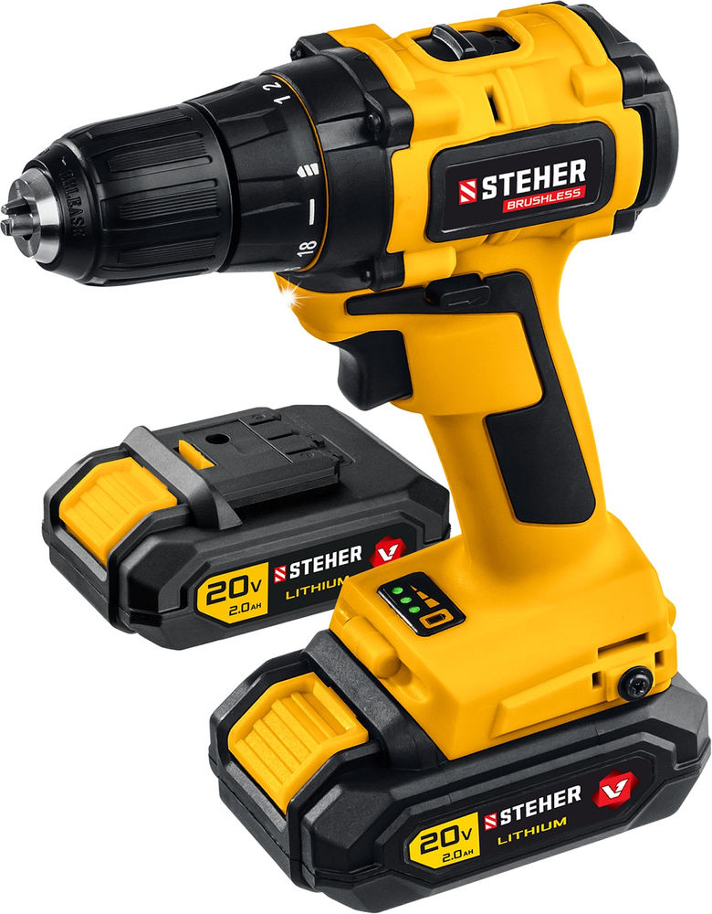 Дрель-шуруповерт бесщеточная 20 В, 45 Н·м, 2 АКБ (2 А·ч), кейс V1 STEHER CDB-200-2