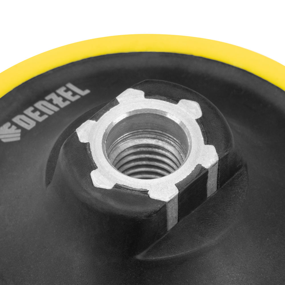 Тарелка опорная для дрели и УШМ с липучкой, 150 мм, мягкая, с адаптером c М14 на d8 Denzel (76249)