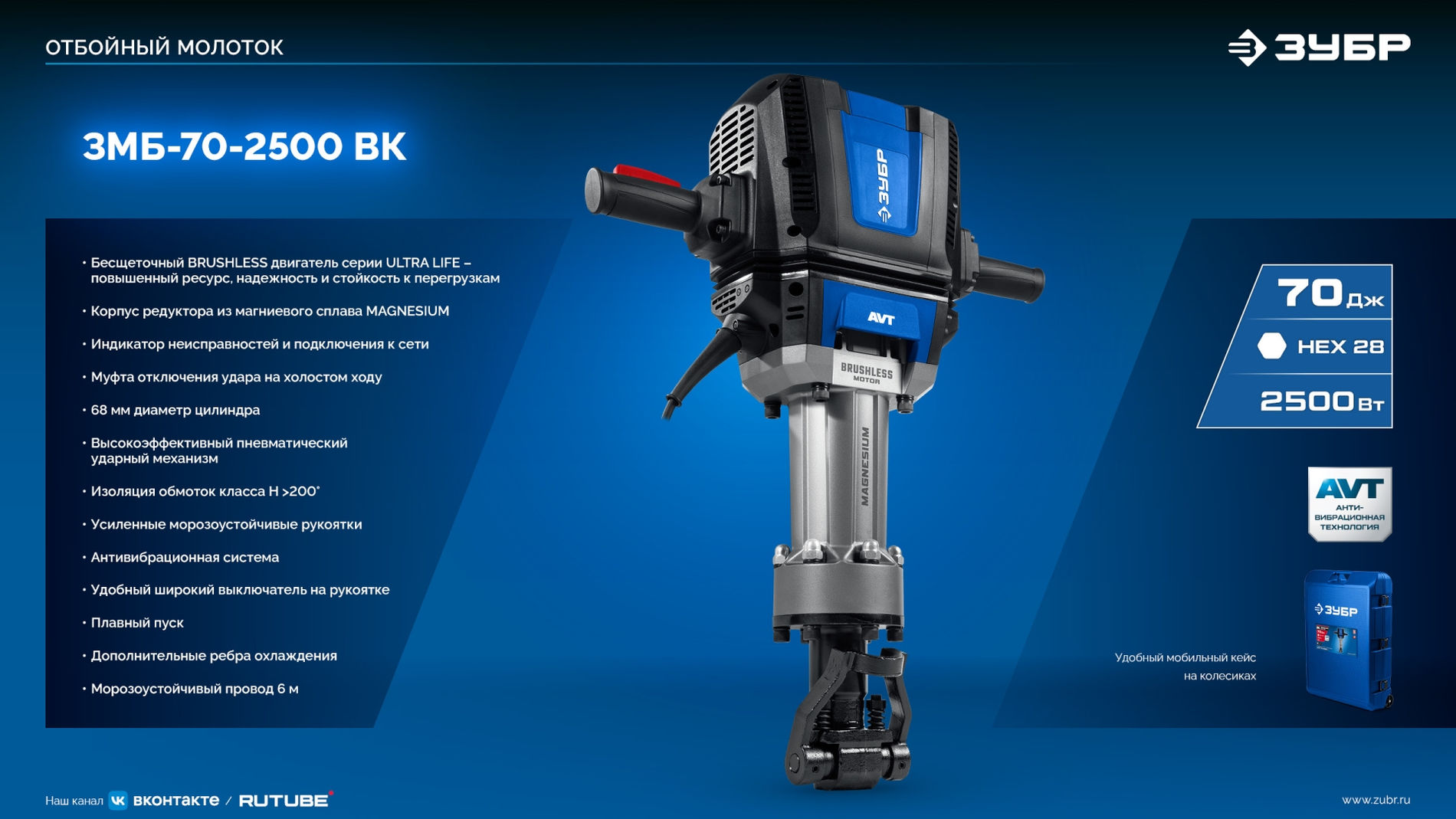 ЗУБР Бетонолом, 70 Дж, 2500 Вт, АВТ, бесщеточный отбойный молоток HEX-28, Профессионал (ЗМБ-70-2500 ВК)