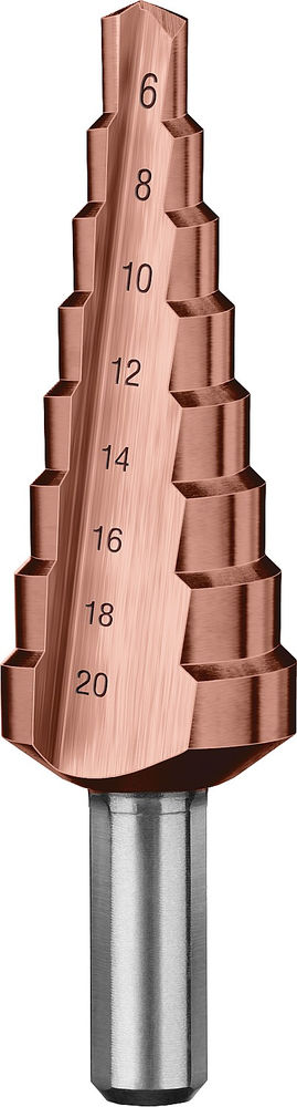 Ступенчатое сверло 6-20 мм, 8 ступеней, сталь Р6М5, кобальтовое покрытие Кобальт ЗУБР Профессионал 29672-6-20-8_z01