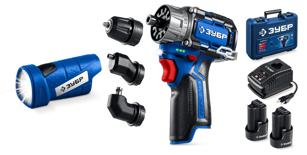 Набор: модульная дрель-шуруповерт + LED фонарь 12 В 45 Н·м 2 АКБ тип Т7 2 А·ч BRUSHLESS кейс Профессионал ЗУБР КОМБИ #4 DB-125-22F