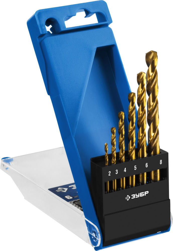 Набор сверл по металлу 6 шт (2-8 мм), сталь Р6М5, класс А, титановое покрытие ЗУБР ТИТАН Профессионал 29615-H6