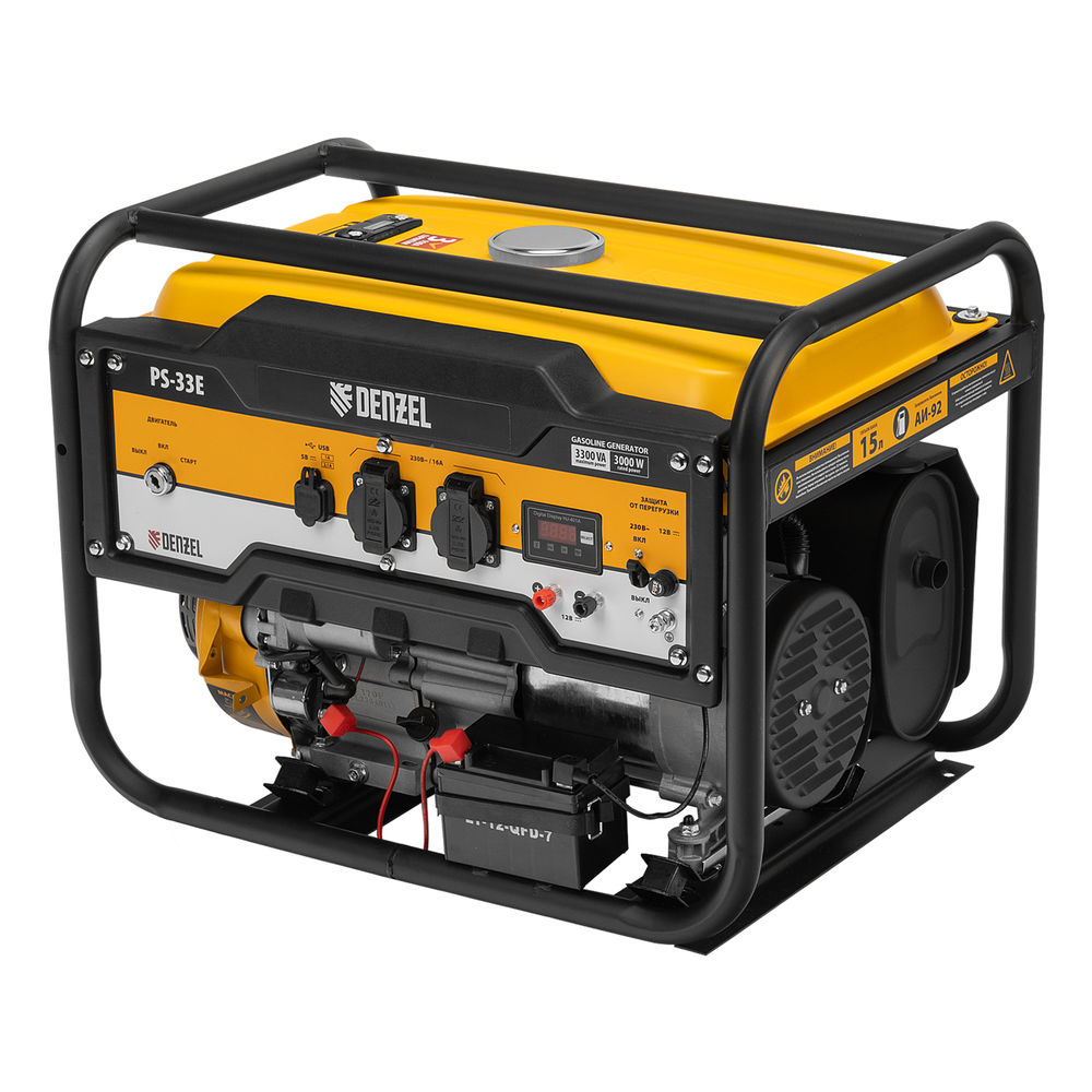 Генератор бензиновый PS-33E, 3.3 кВт, 230В, 15 л, электростартер Denzel (94537)