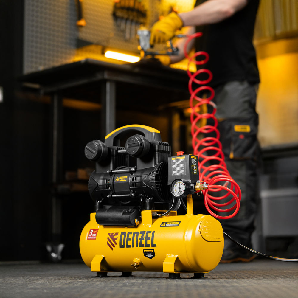 Компрессор безмасл. малошумный DLP-950/10, 950Вт,10 л, 2850 об/мин, 170 л/мин Denzel (58141)