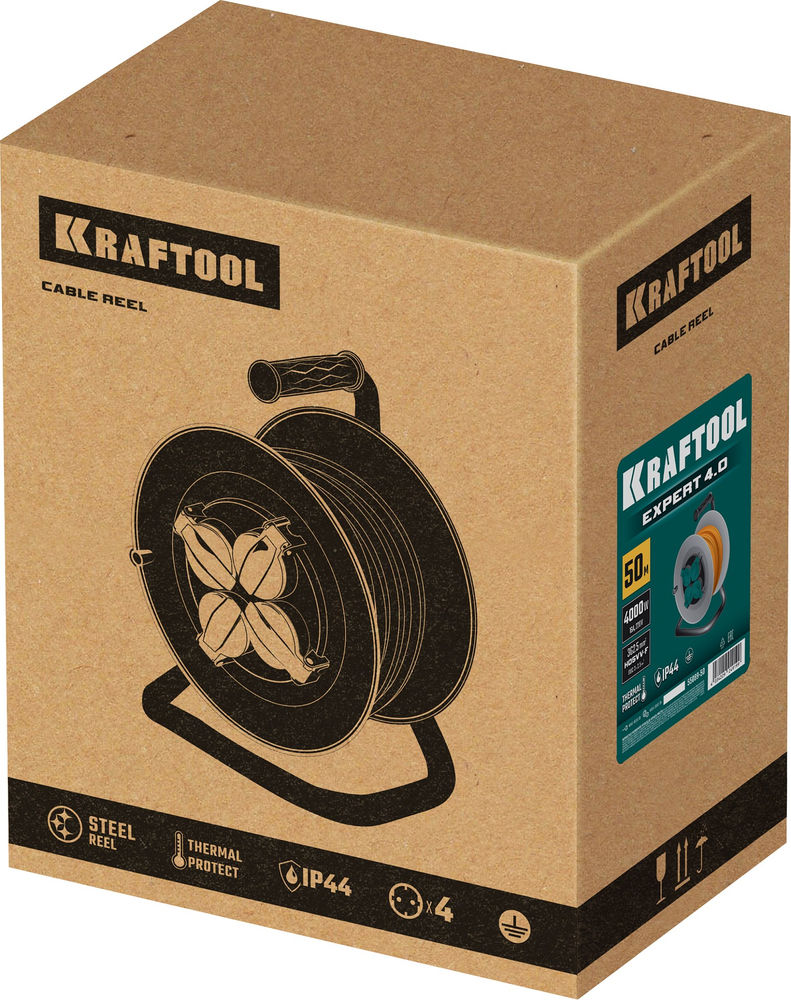 Силовой удлинитель на стальной катушкеEXPERT ПВС 3х2.5 50м 4000Вт IP44 KRAFTOOL 55089-50