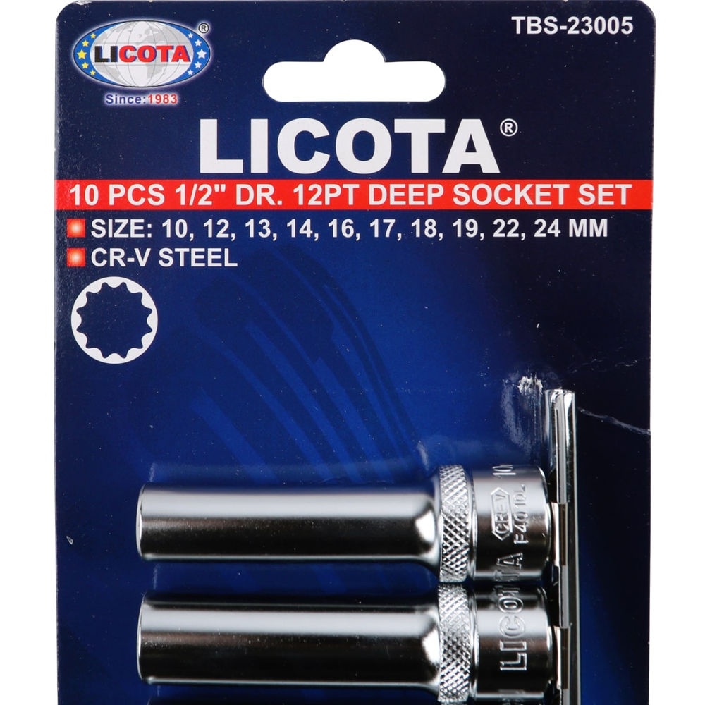 Набор глубоких торцевых головок 12-ти гранных 10 пр. на линейке, 10-24 мм 1/2 Licota TBS-23005