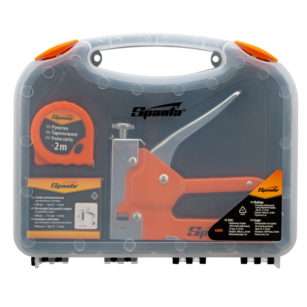 Набор: степлер мебельный регулируемый, скобы 500 шт, рулетка 2 м, тип скобы 53, 4-14 мм Sparta (42003)