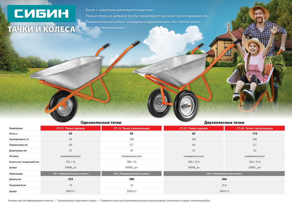 Строительная тачка одноколесная 90 л 180 кг пневматические колеса СИБИН СТ-12 39904_z01