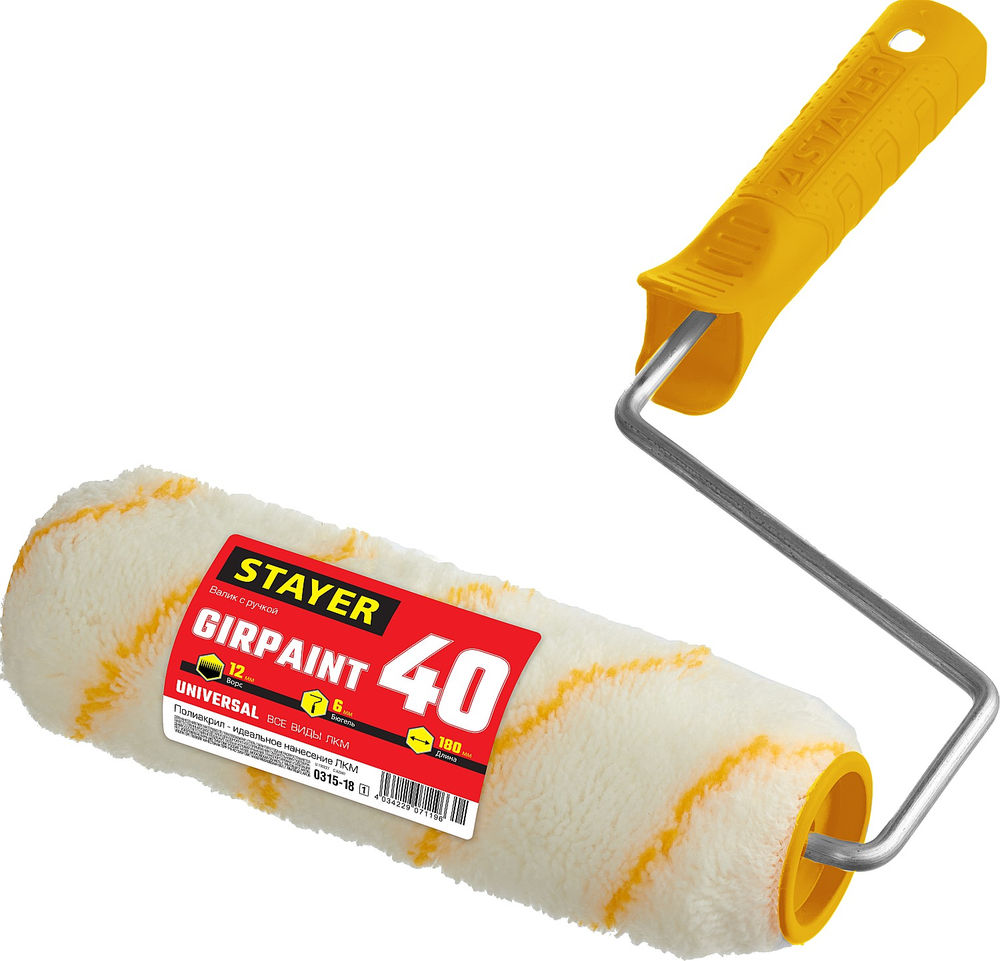 Валик малярный GIRPAINT, 40 х 180 мм, бюгель 6 мм, ворс 12 мм, полиакрил, все виды ЛКМ STAYER 0315-18_z01