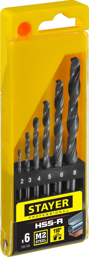 Набор сверл по металлу быстрорежущая сталь P6M5 класс В Professional HSS-R STAYER 6 шт (2-8 мм) 29602-H6_z01  