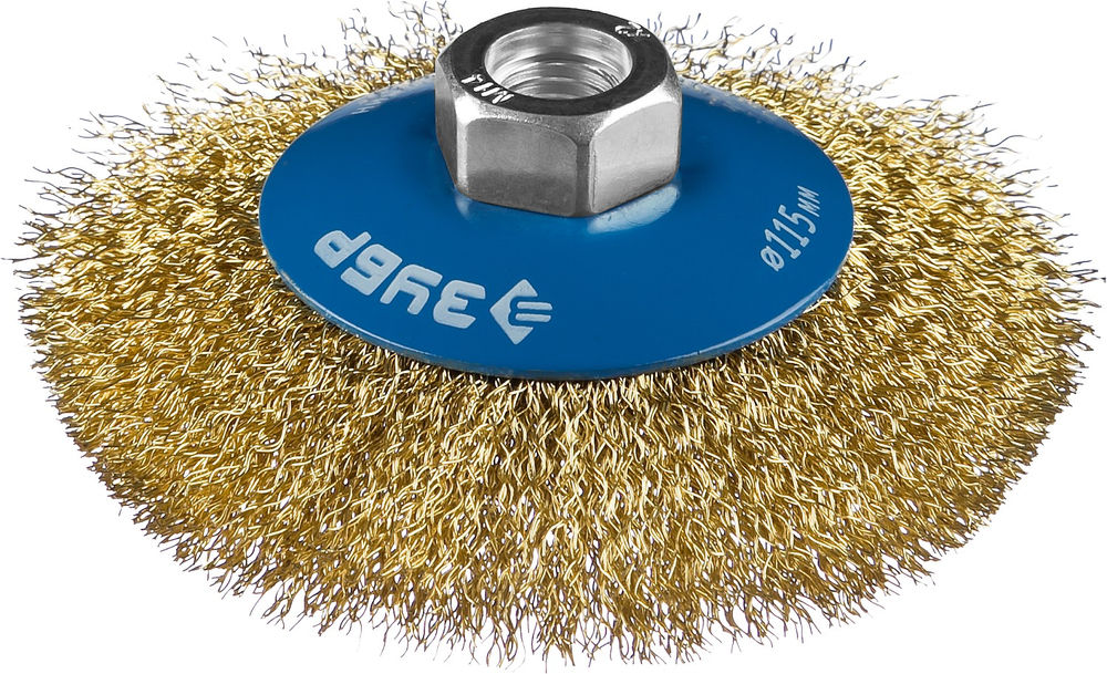 Щетка-крацовка коническая для УШМ 115 мм, витая стальная латунированная проволока 0.3 мм ЗУБР Профессионал 35267-115_z02