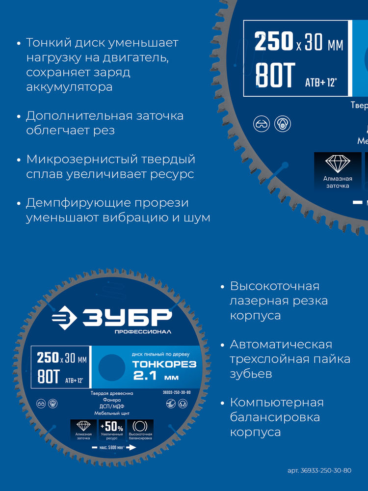 Диск пильный по дереву тонкий рез 250 x 30 x 2.1 мм, 80Т ЗУБР Тонкорез Профессионал 36933-250-30-80