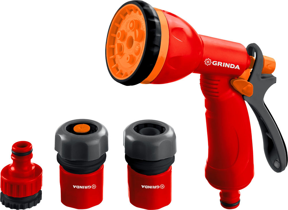 Поливочный набор GS-34, пистолет с 8 режимами, коннектор 3/4, коннектор с автостопом 3/4, адаптер, пластиковый GRINDA 8-427384_z02