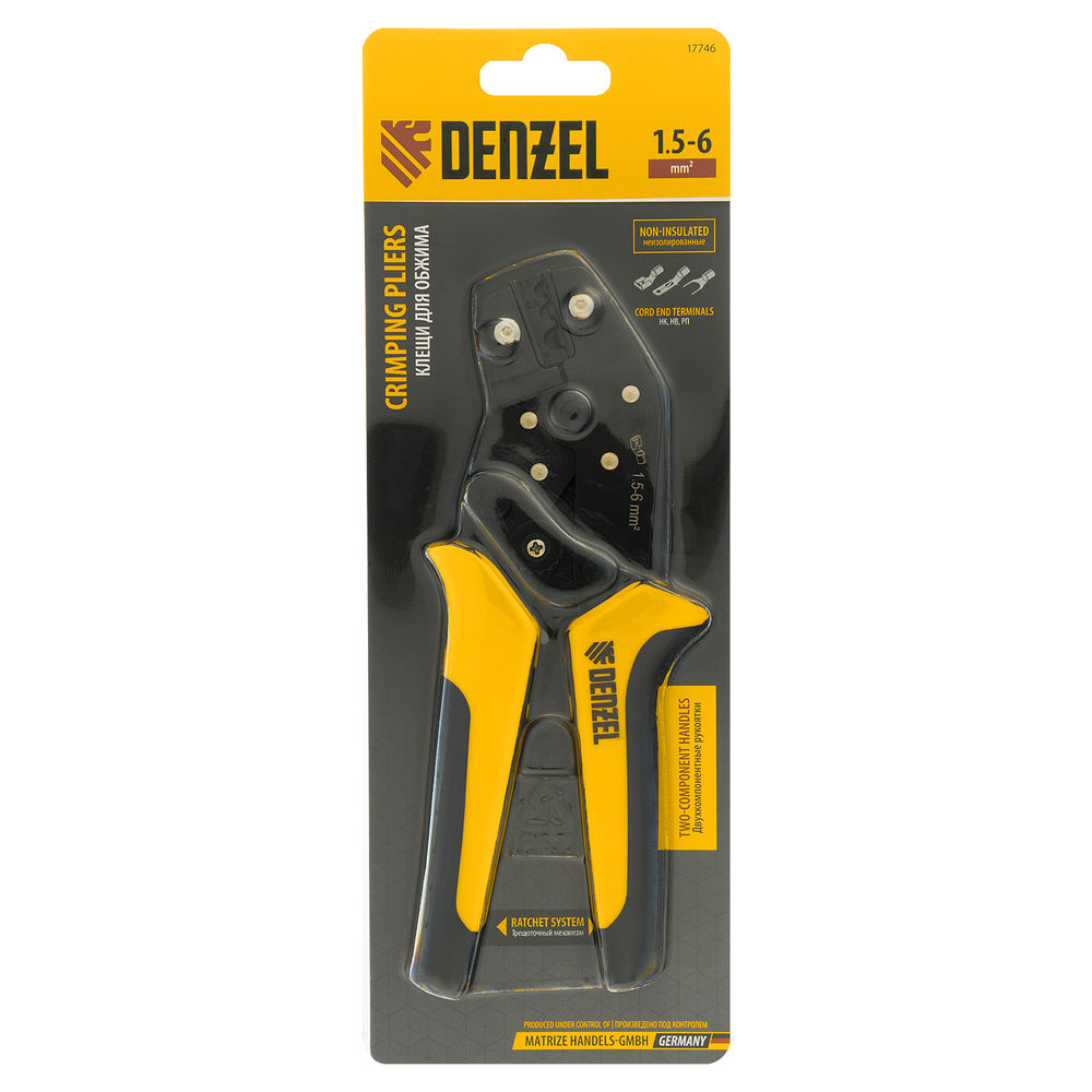 Клещи для обжима неизолированных наконечников НК и НВ, разъемов РП, 1,5 - 6 мм2 Denzel (17746)