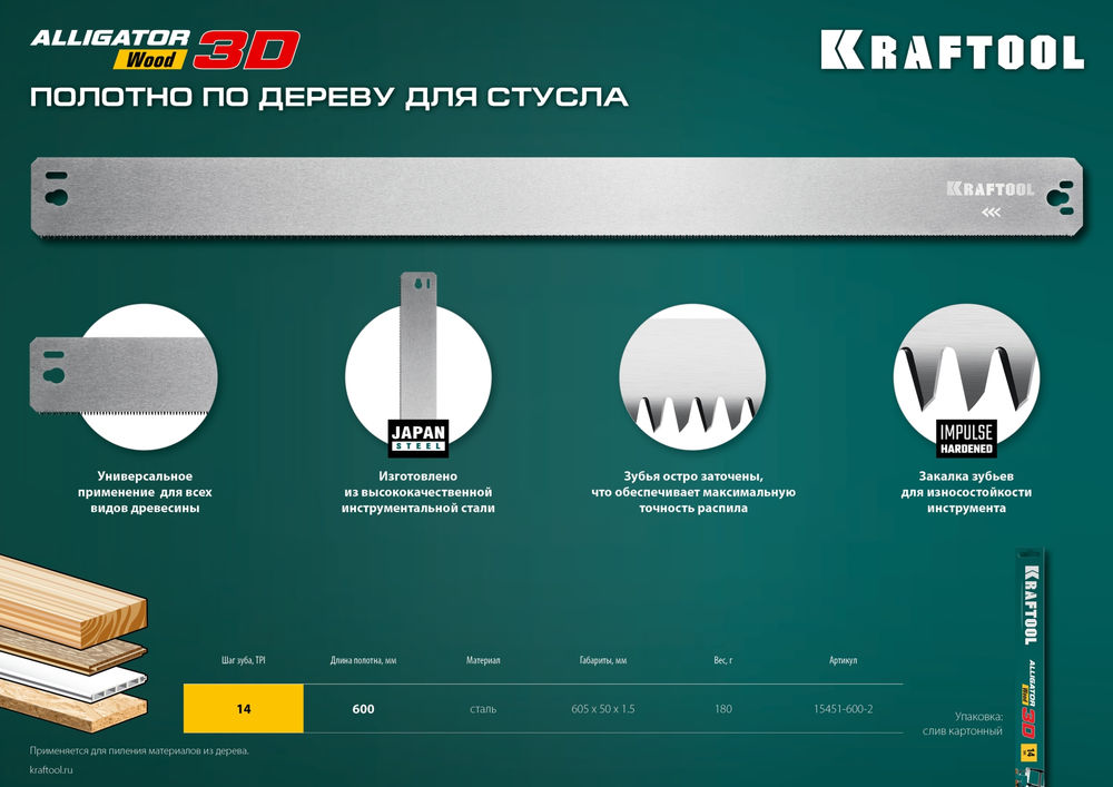 Полотно 600 мм по дереву для прецизионного стусла Alligator 3D KRAFTOOL 15451-600-2