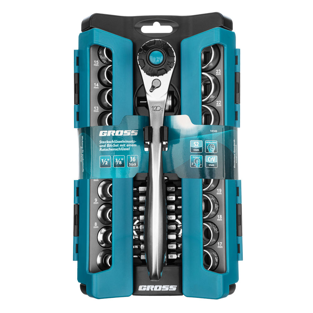 Набор торцевых головок, трещотка 120 зубьев, 1/2,3/8”, CrV, 36 предметов Gross